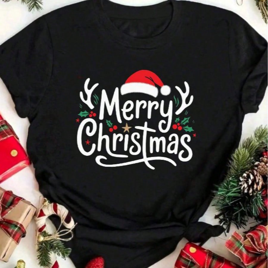 Women's Christmas Festive T-Shirt, With Merry Christmas English Words And Christmas Elements Design, Casual Loose Round Neck, Suitable For Christmas Lovers, Festival Participants, Holiday Parties And Outdoor Activities,Fall Clothes Plus Size.