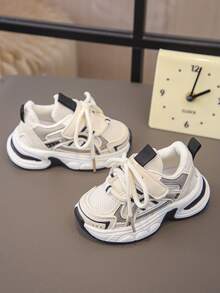 1 Pair Kids' Mesh PU Hook And Loop Style Breathable Non-Slip Casual Sports Shoes, Suitable For Spring And Autumn