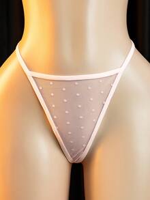 性感粉色透视内衣两件套，含波尔卡圆点网眼娃娃装和丁字裤 - 粉色 - 查看 6