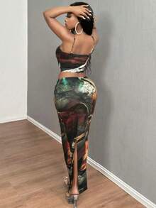 Halloween Clothes For Women Women's 2 Piece Outfits Summer Tie Dye Crop Top Asymmetric Slit Skirt Set Sexy - Multicolor - View 2