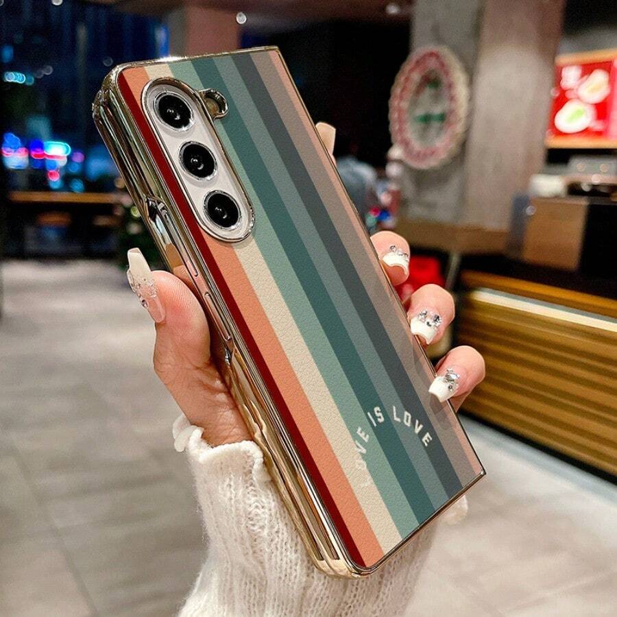 Luxury PU Leather Case, Leather Texture Feel Graphic Strip, Heart Leopard Print Foldable Mobile Phone Case Compatible With Sam Galaxy Z FLIP FLOP 3 4 5 6 Gold Plated PC Cellphone Protective Shell Design For MOTO RAZR 40 50 60 ULTRA - 彩色條紋 - 查看 1