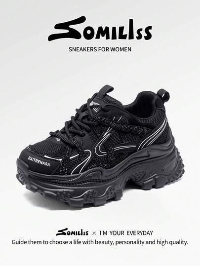 somiliss Zapatillas con plataforma de 6 cm, con cordones, de malla y con rhinestones para mujeres, zapatos deportivos y casuales para caminar al aire libre, color negro, para todas las estaciones