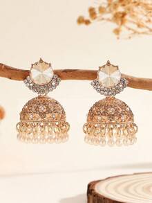 1 Paar luxuriöse Ohrringe, elegante Kristall-Strass-Ohrringe mit Kunstperle-Quasten, glamouröse Bollywood-Jhumki, geeignet für Frauen & Mädchen für den Alltag, Feste, Hochzeiten und Partys/Schmuckgeschenk