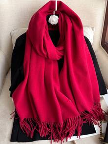1 件女士黑色羊绒质感纯色围巾，带流苏，柔软披肩，适合春夏秋冬 - 紅色 - 查看 2