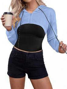 Women Crop Top Pullover Sweatshirt Long Sleeve Drawstring Hoodie - Màu xanh lam - Xem 3