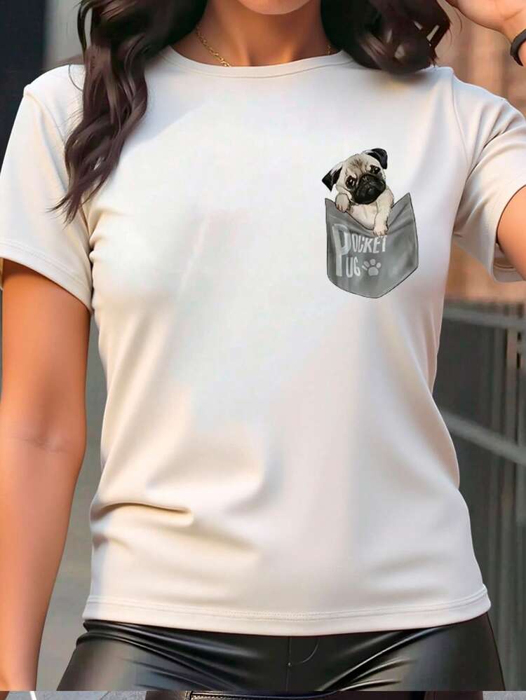Camiseta de Mujer de Cuello Redondo y Mangas Cortas Diseño Pug Perro Bolsa incluye algodón - Blanco - Añade 1
