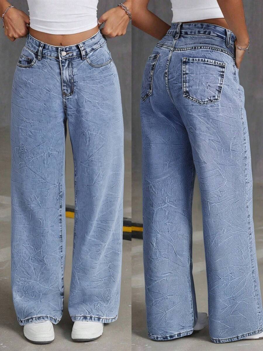 Pantalones vaqueros azul desgastado para mujer, de pierna recta y larga, sin estiramiento, de uso casual, con detalles de bolsillos de moda y artesanía de cordones, cada uno es diferente