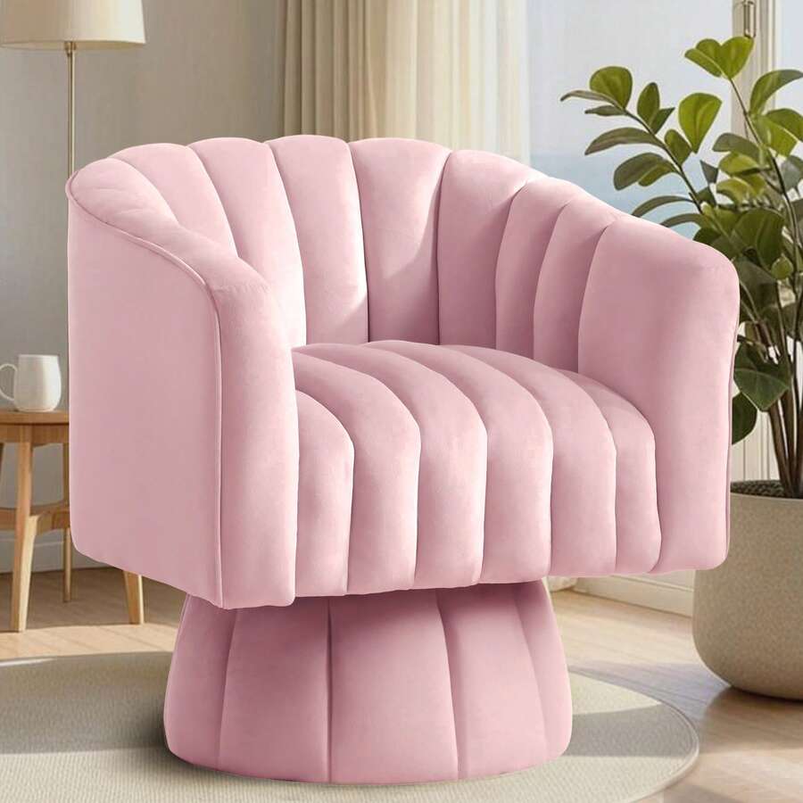 KORSER Swivel Accent Chair,360°Swivel Barrel Chair, Modern Swivel Chair With Velvet Fabric, Mid-Century Swivel Chair With Wide Upholstered, Round Swivel Armchair For Living Room, Lounge, Bedroom - 粉色 - 查看 1