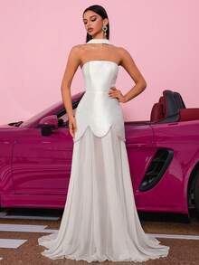 优雅的领口设计，无肩带，高腰，花朵拼接，露背系带，及地长裙，适合舞会、生日派对、晚宴、返校节、婚礼宾客、正式晚宴、家庭聚会等场合。 - 白色 - 查看 6