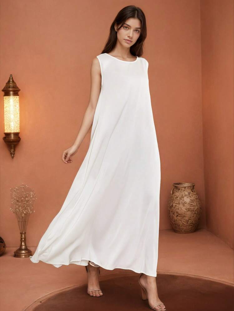 BEAUTY AMINAH 缎面百搭宽松吊带背心连衣裙，无袖丝绸休闲连衣裙 - 白色 - 查看 5