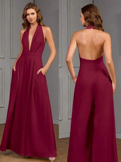 女士时尚纯色露背吊带连体裤，夏季派对婚礼春季穿着