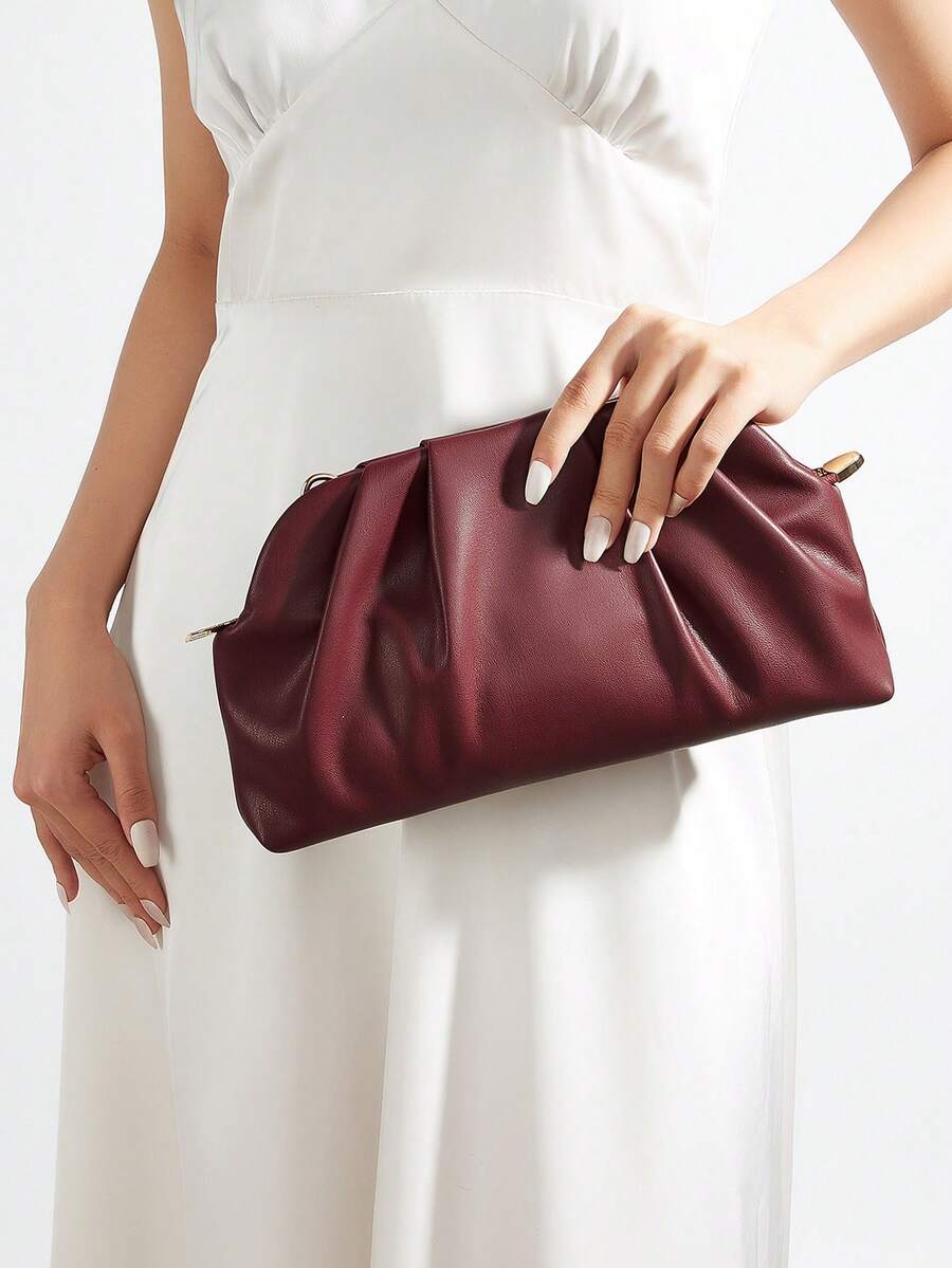 Ví cầm tay cổ điển màu trơn có khóa kéo, túi xách đa năng dung tích lớn, túi da PU thời trang, phù hợp cho nữ, thích hợp cho đám cưới, tiệc tùng, dạ hội, các sự kiện buổi tối. - Màu Đỏ Sâu - Xem 1