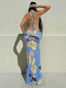 Women's Two Piece Maxi Skirt Sets Summer Beach Sexy Ruched Backless Pearls Chain Decor Crop Top And Cut Out Skirt - 藍色 - 查看 3