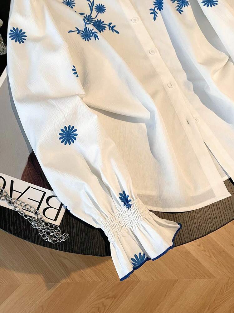 感知花卉印花荷叶边领长袖女式衬衫，适合秋冬季商务休闲穿着 - 白色 - 查看 7