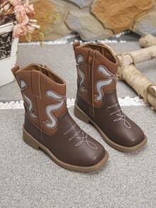 1 Pair Vintage Embroidered Hollow-Out Side Zipper Children's Western Boots - Brown - View 5