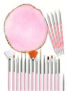 21 piezas Juego de herramientas de arte de uñas que incluye brochas de arte de uñas, paleta de resina, bolígrafo de talla de acrílico de doble vía, bolígrafo de punteado, kit de manicura, tablero de exhibición de maquillaje DIY para el hogar y el salón, color rosa