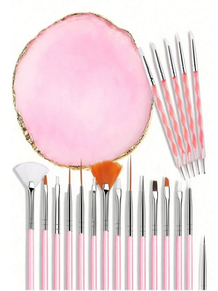 21 piezas Juego de herramientas de arte de uñas que incluye brochas de arte de uñas, paleta de resina, bolígrafo de talla de acrílico de doble vía, bolígrafo de punteado, kit de manicura, tablero de exhibición de maquillaje DIY para el hogar y el salón, color rosa