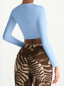 XLLAIS 秋季新款小圆领长袖修身T恤弹力双层露脐女式上衣