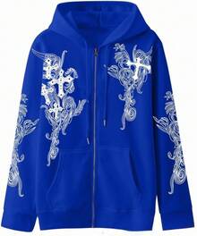 Women Men Y2K Zip Up Oversized Hoodie Gothic Graphic Emo Grunge Baggy Fleece 90s Punk Streetwear - 深灰色 - 查看 5