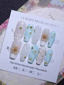 10片棺材形长款白色和蓝色渐变手工按压式美甲贴片，手工雕刻花朵和贝壳图案，法式风格假指甲，可重复使用，美甲美容产品，快速使用美甲用品 - 淺藍色 - 查看 5