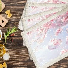 1 pieza Mantel individual con estampado floral de lino con flecos, mantel de mesa de comedor lavable, decoración del hogar, vajilla, cocina, decoración de fiesta interior/exterior, regalo ideal - Multicolor - Ver 27