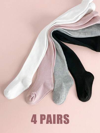 4 双女童春秋花卉打底裤连裤袜 - 有弹性且舒适，纯色带条纹坑设计，柔软针织时尚紧身裤，适合小时尚达人女婴紧身裤