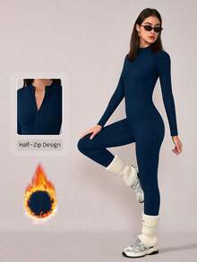 NcmRyu 1件装女士修身立领拉链塑形提拉健身运动跑步瑜伽连体裤 - 藏蓝色 - 查看 5