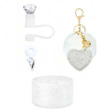 4 Stücke Zubehör-Set für Becher, Diamant-Strohhalm-Abdeckkappe, Glitzer-Silikonhülle für Becher, Silikonanhänger für Strohhalme, Diamant-Herz-Anhänger mit Bommel-Schlüsselanhänger, für Outdoor-Aktivitäten, Valentinstag