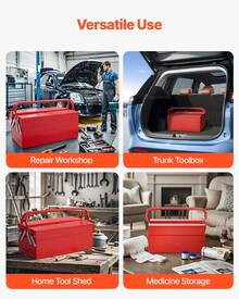 14" 2-Tier 3-Tray Folding Tool Box With Handle, Red - Red - View 7