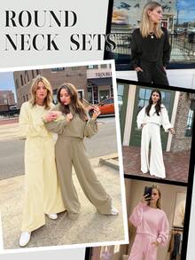 Fisoew Women Batwing Sweatshirt Wide Leg Pants Set Casual Fall Loungewear Two Piece Outfit Cozy Sweatsuit - 白色 - 查看 5