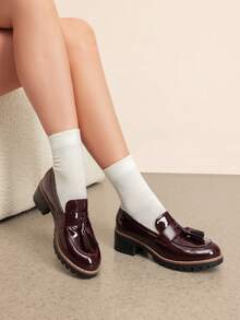 Women's Loafers Slip On Platform Chunky Penny Heeled Dressy Work Business Casual Loafers Autumn Shoes - 酒紅色 - 查看 2