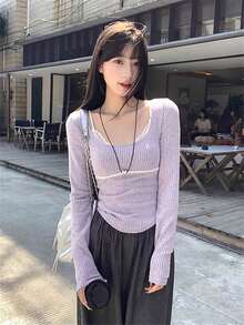 极简略性感紫色修身长袖T恤，秋冬叠穿单品蕾丝拼布甜美修身上衣，初秋可单穿 - 紫色 - 查看 7