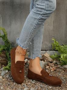 女士金属扣装饰软底休闲绒面平底鞋，春秋季，乐福鞋 - 棕色 - 查看 6