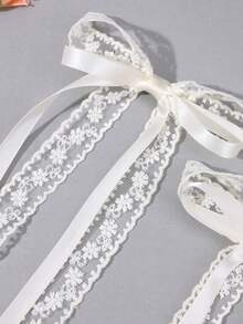 2pcs Ivory Lace Bow Hair Clips, Solid Color Bow Hair Clips With Tails, Elegant White Embroidered Mesh Hair Clips, Butterfly Hair Clips For Holiday, Wedding, Party, Suitable For Teenagers - White - View 4