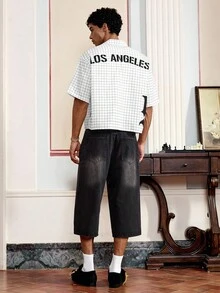 男士宽松字母格纹印花短袖梭织白衬衫，街头潮流必备单品 - 白色 - 查看 2