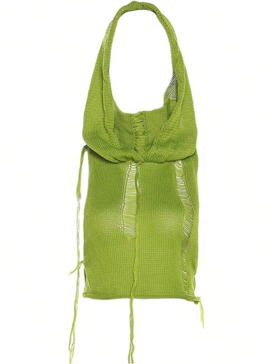 Women Knitted Hoodie Sweater Vest Sleeveless Hollow Out Hooded Crop Top Streetwear Rave Oufit - 綠色 - 查看 1