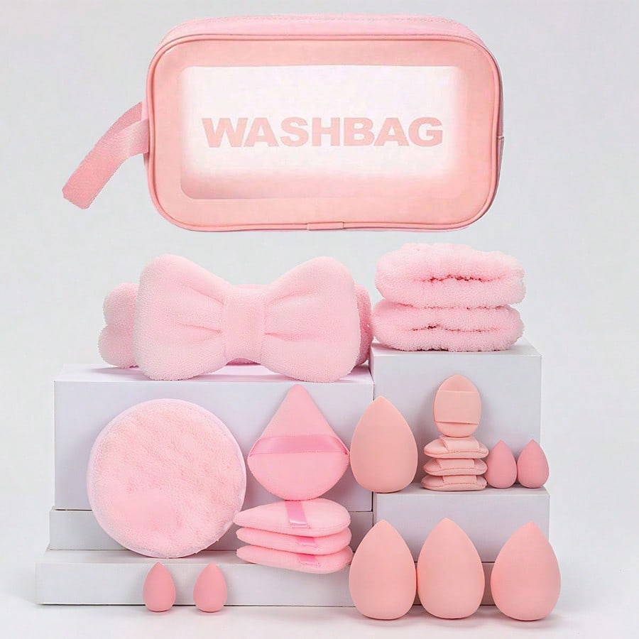 21pcs Facial Care Set Includes Waterproof Toiletry Bag + 8 Makeup Sponges (8 Teardrop/Round/Cone) | Waterproof Wrist Bands 1 Pair + Bow Headband | Tiered Storage Design | Cleansing & Hair Wrap,Cheap,Stocking Stuffers,Makeup,Makeup Tools,Cheap Stuff,Gifts,Gifts For Women,Christmas Gifts,Giveaways,Travel,Cheap Stuff,Travel Essential