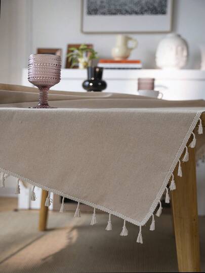 MeijiaMo 1pc Apricot Tablecloth, Rustic Bohemian Solid Color Minimalist Farmhouse Style Cream Linen Tablecloth With Beige Tassels, Suitable For Dining Room, Kitchen, Dining Table, Party, Holiday Celebration, Hotel, Cafe, Bedroom, All Seasons