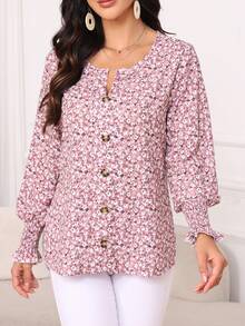Autumn And Winter Women's Button Up Shirt With Cuffs Wrapped And Long Sleeves, Small Floral V-Neck Top