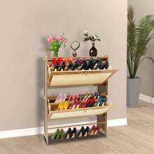 Shoe Cabinet With 2 Handmade Natural Rattan Flip Drawers, Entryway Shoe Rack Storage Organizer For Sneakers, Leather Shoes, Slippers, Free Standing Shoe Racks, 70*24*87cm/27.5*9.4*34.2in - Màu gỗ - Xem 5