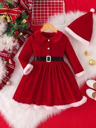 Söt, söt, elegant, fest, utomhus, casual, minimalistisk, moderiktig, mjuk, julklapp, enfärgad vinröd lapptäcke vit pälskant Peter Pan-krage långärmad svart bälte halvslå klänning med avtagbar pälspompom julhatt, höst