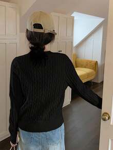 Korean Style Elegant Textured Crew Neck Sweater For Women, Long Sleeve Embroidered Pullover - Black - View 2