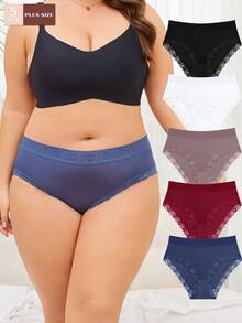 FINETOO 5 pezzi/confezione Mutande a vita alta con pizzo per taglie forti da donna, biancheria intima casual in seta ghiacciata comoda