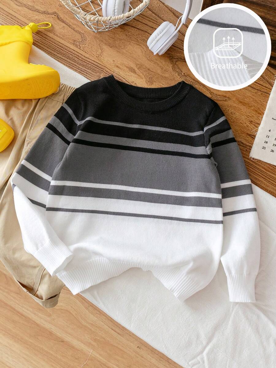 1pc Boys' School Style Color Block Striped Lightweight Knit Pullover Sweater, Suitable For Spring And Autumn - Black - View 1