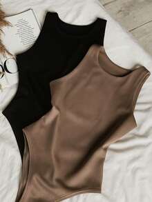 Bori Women's Bodysuit Kit Bory Tank Top Leotard Versatile Casual Closed Back Second Skin Fashionista Basic Work Church Office Gift Party Birthday Various Colors - 黑色和棕色 - 查看 1