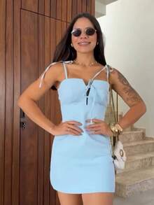 STARFASHIION Jumpsuit Tank Top Thin Straps With Tie Candy Color Delicate Modern /FASHION/SUMMER - Baby Blue - View 2