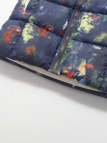 1 pieza Abrigo acolchado de algodón con capucha elástica de color azul marino y multicolor para niños, Parka de algodón de longitud media para niños y niñas, Chaqueta con cremallera para niños, Ropa de algodón para niños pequeños