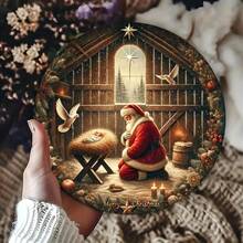 1 Aluminum Sign - Santa Claus Kneeling In Manger Scene, 8x8inch Round Metal Wall Decoration, Suitable Home, Bars, Cafes, Farmhouses -, Thanksgiving, Halloween Decoration And Holiday