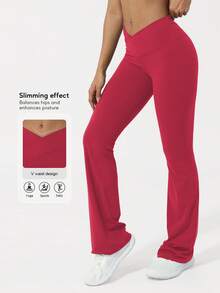 Sodalemon 女士V型提拉瑜伽健身喇叭裤，交叉腰带，运动跑步紧身阔腿裤 - 紅色 - 查看 3