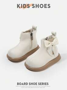 1双蝴蝶结装饰儿童鞋，采用皮革材质，圆头，短靴款式，侧拉链，无明显鞋跟，可爱甜美儿童休闲鞋，适合日常外出和聚会 - 白色 - 查看 4